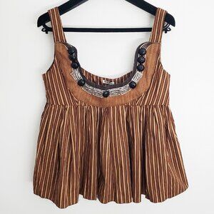 Miu Miu Beaded Scoop Neck Top Brown Striped Size 40